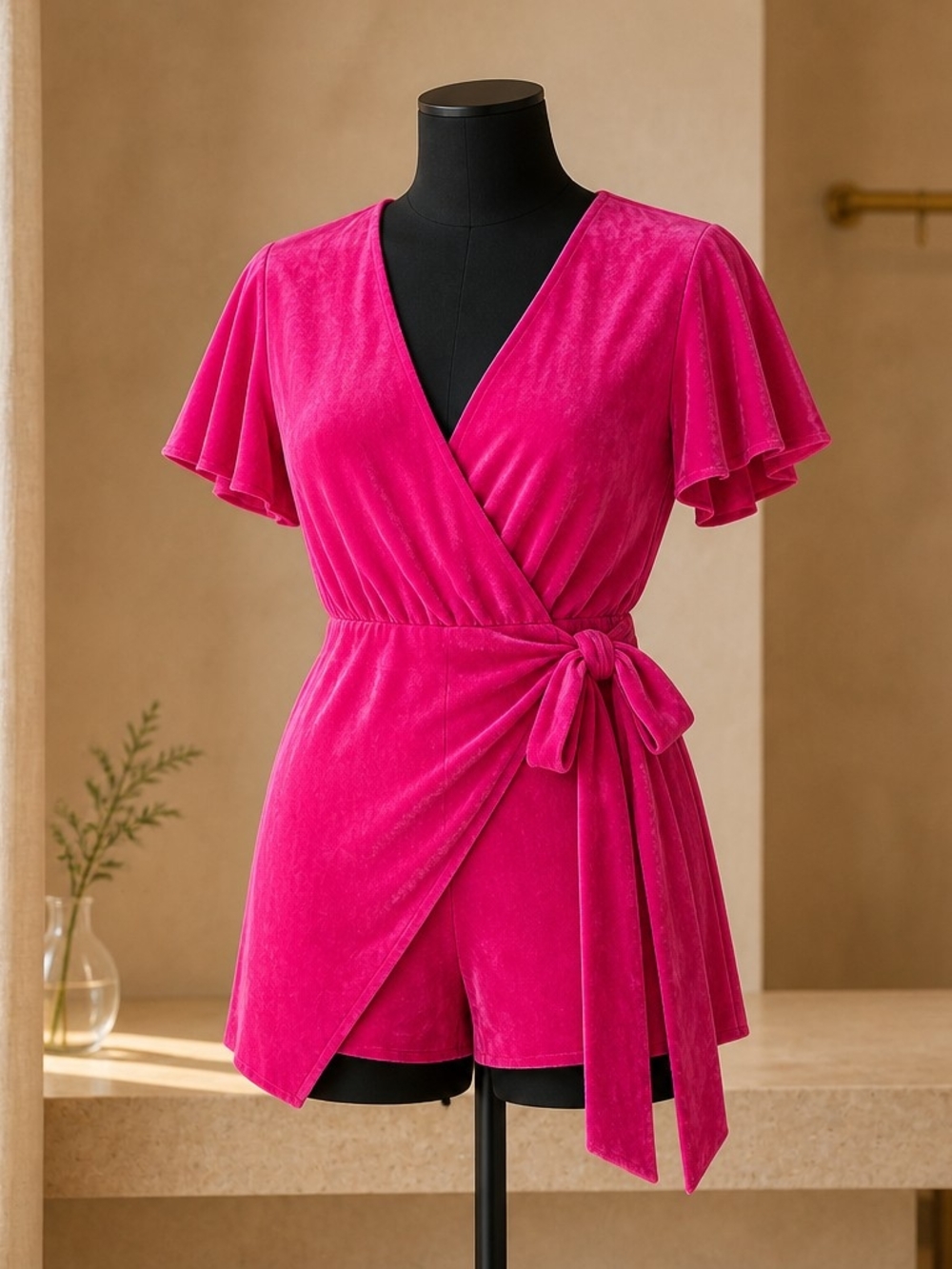Day + Moon gingham wrap Romper size S Hot Pink Tie Waist Puff Sleeve Cottage